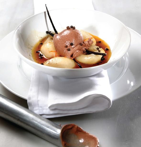 Gaea's Baked Pears with Chocolate Ice Cream and Olive Oil