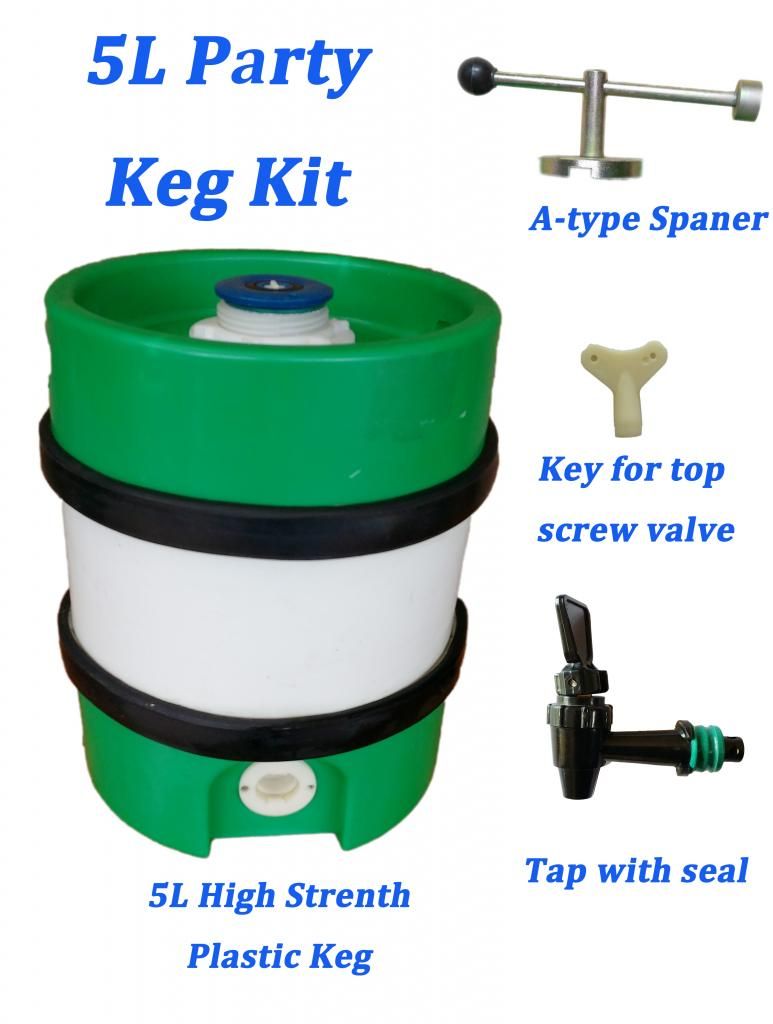 High Strength 5L Plastic Party Keg Kit, with spanner, tap, sterilizer