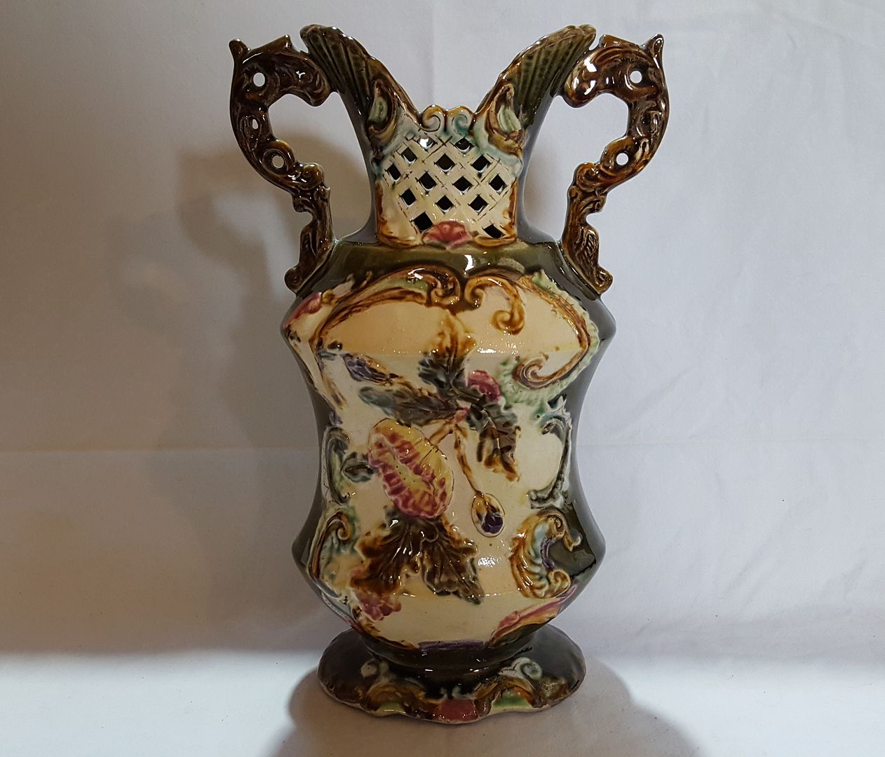 Majolica glaze vintage Victorian antique tall flower design vase A